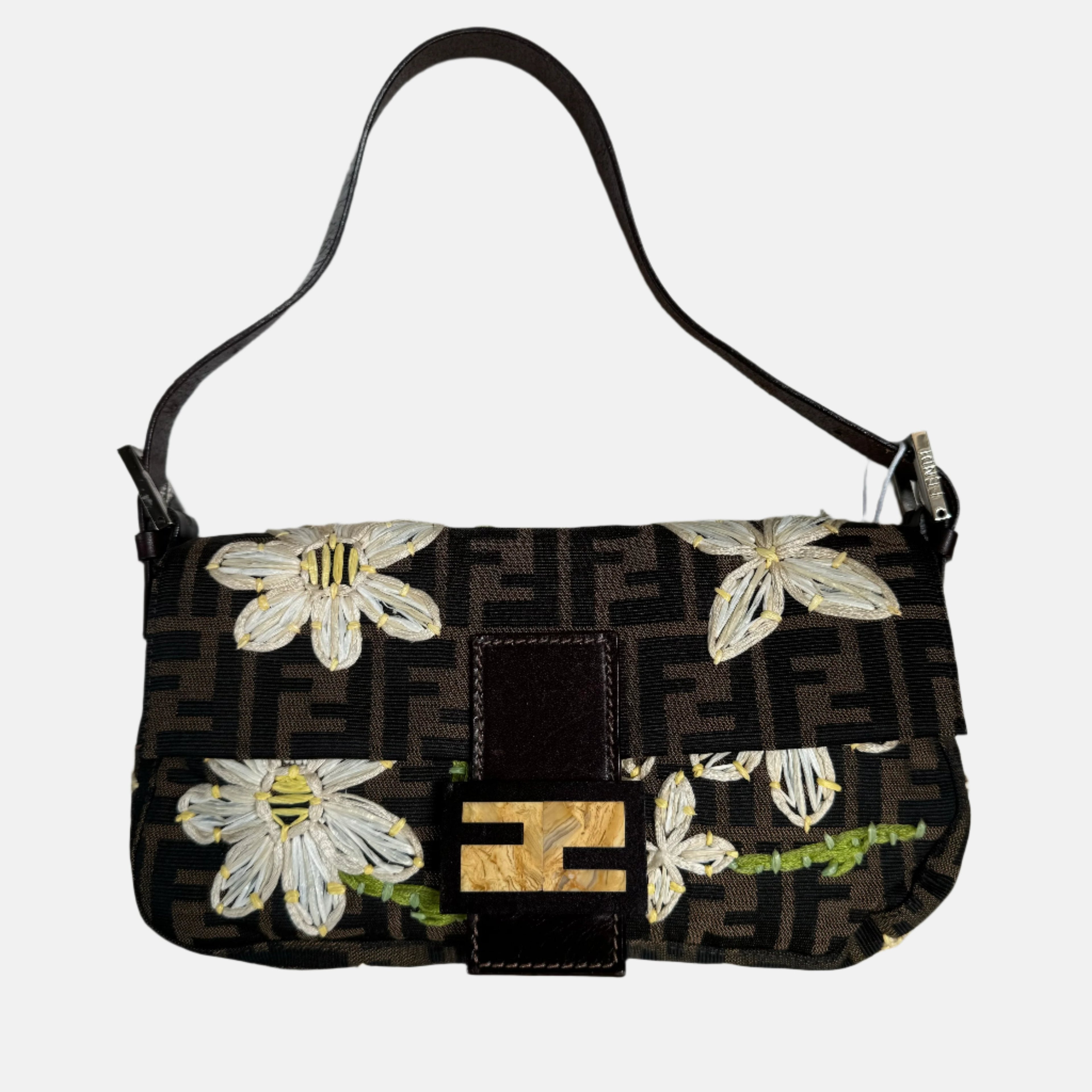 Fendi Baguette Zucca Monogram with Straw Floral Embroidery