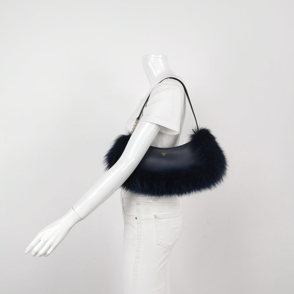 FENDI O Lock Navy Leather and Faux Fur Shoulder Bag
