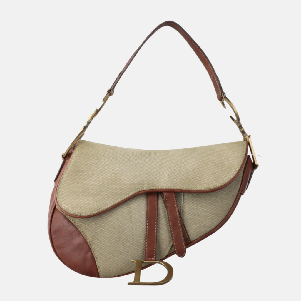 Dior Saddle Vintage Khaki Canvas with Brown Leather Gold Hardware