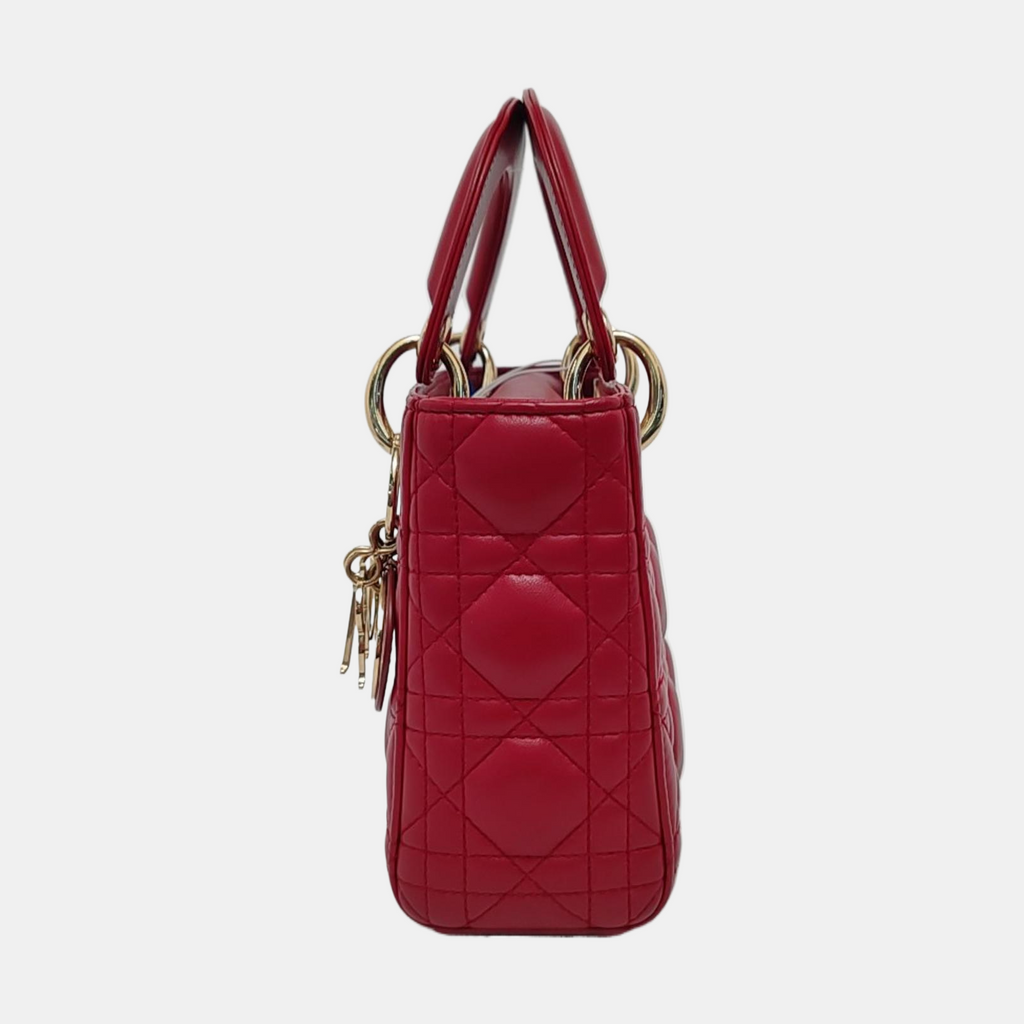 Lady Dior Mini Red Lambskin Leather Gold HW Chain Strap