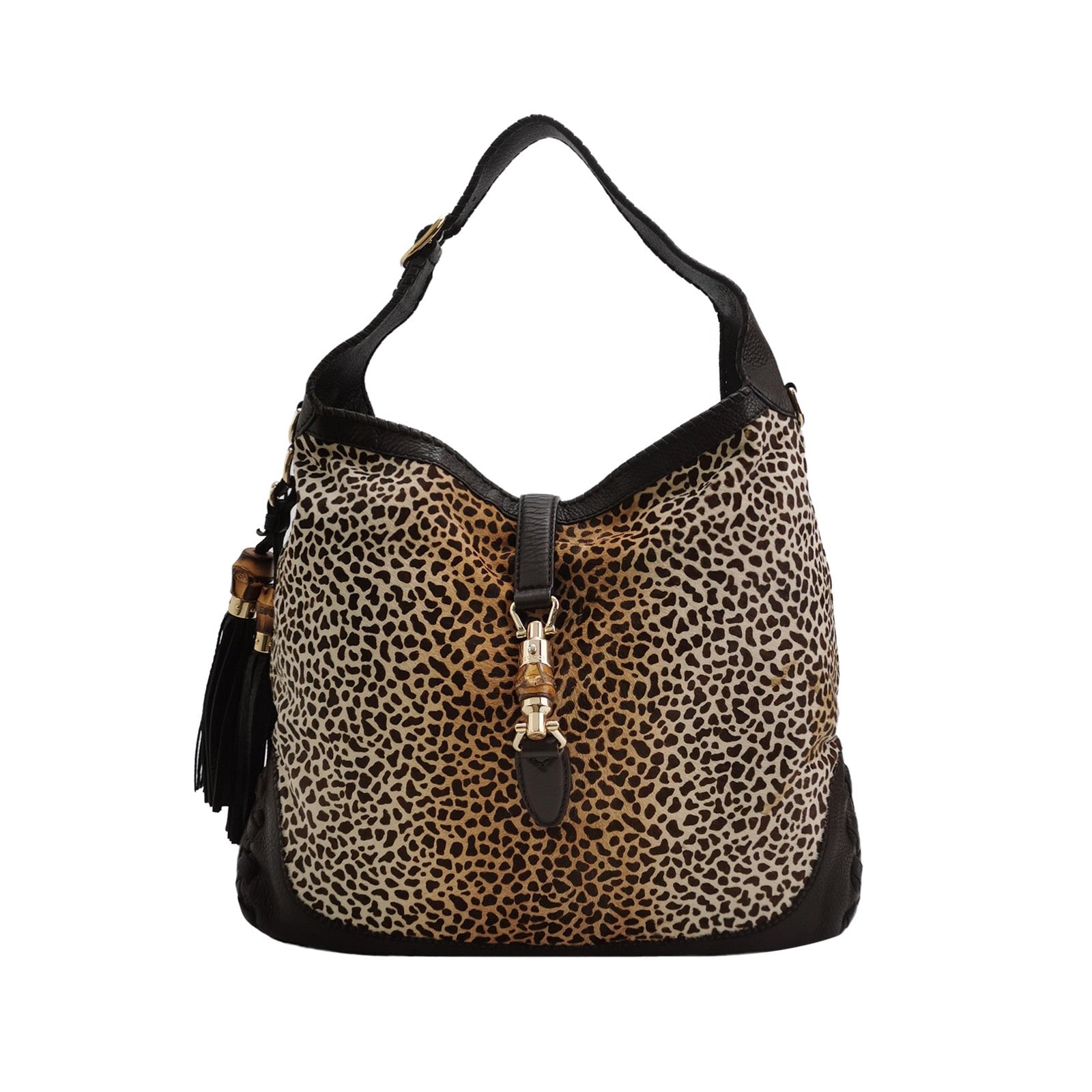 Gucci Jackie Vintage Large Leopard Print Pony-style Calfskin Brown Leather Shoulder Bag