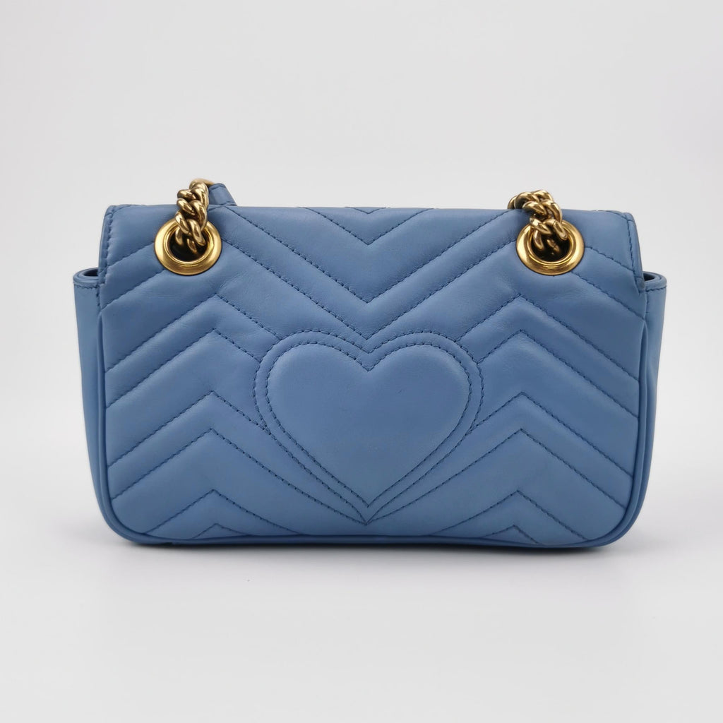 Gucci Marmont Mini Flap Baby Blue Calfskin Leather Handbag Gold Hardware
