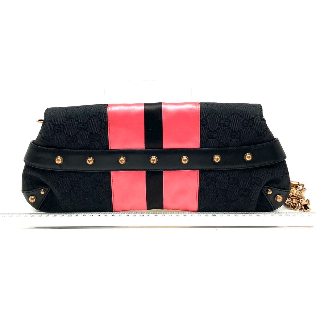 Gucci Horsebit 1955 Chain Large Shoulder Bag Black Monogram with Pink Silk