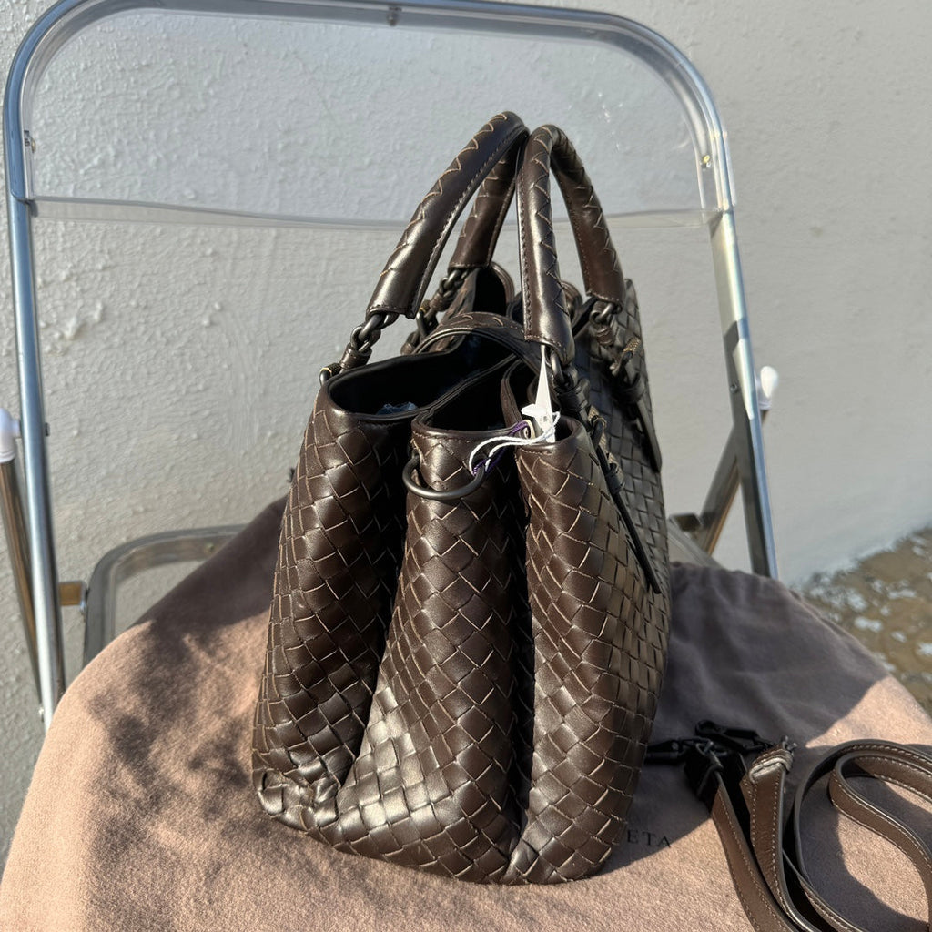 Bottega Veneta Roma Handbag Bag Intrecciato Nappa Leather Chocolate Brown Small 30cm