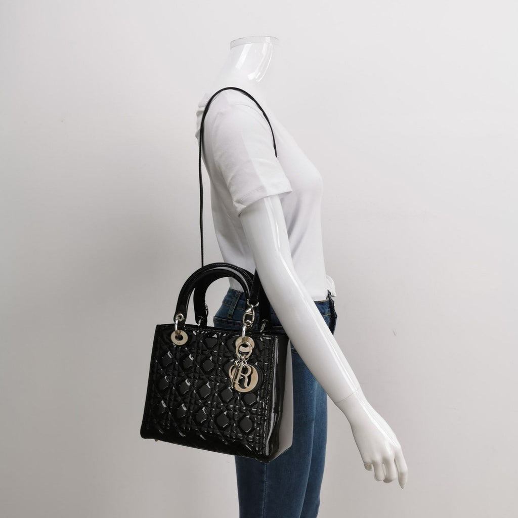 Lady Dior Medium Black Patent Leather Handbag with Silver Hardware