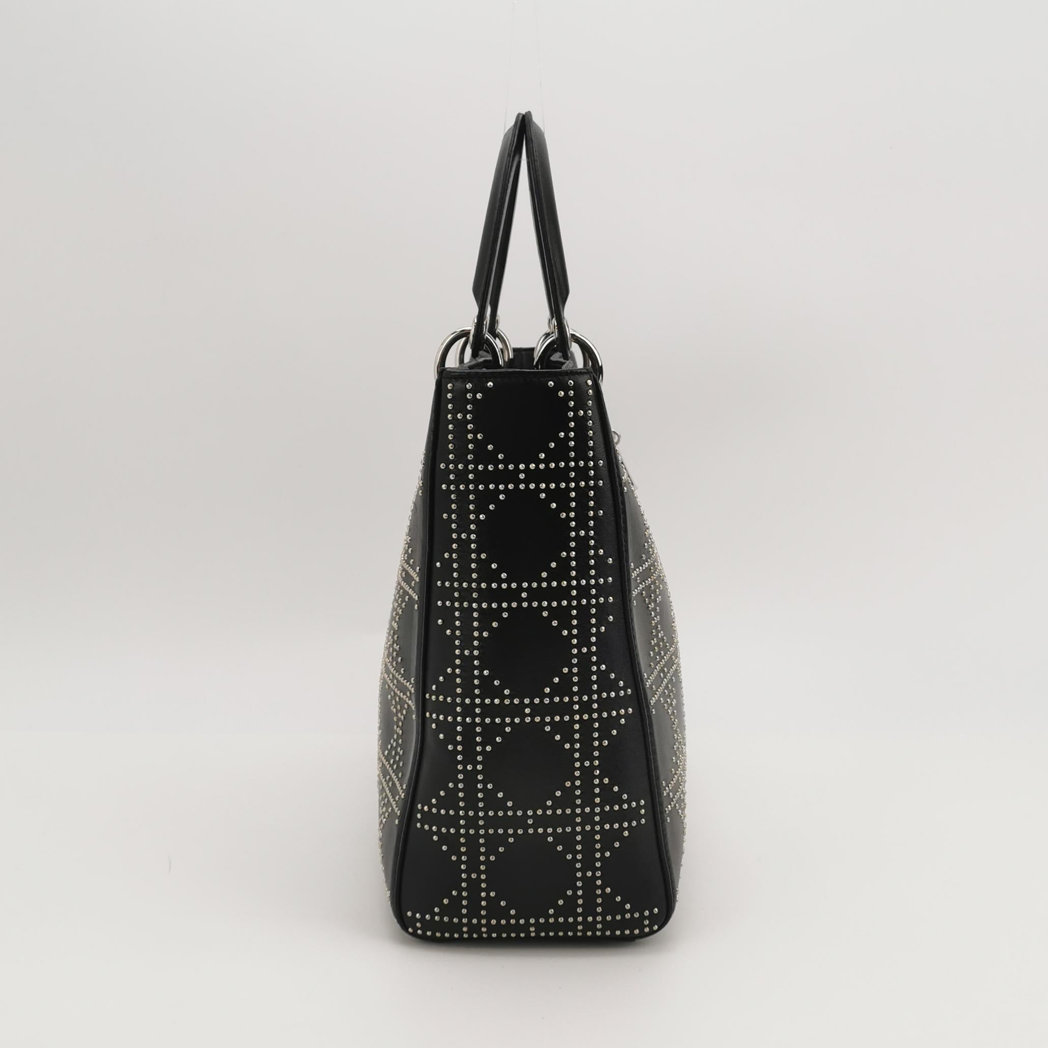 Lady Dior Large Black Lambskin Diamond Silver Studs Silver Hardware