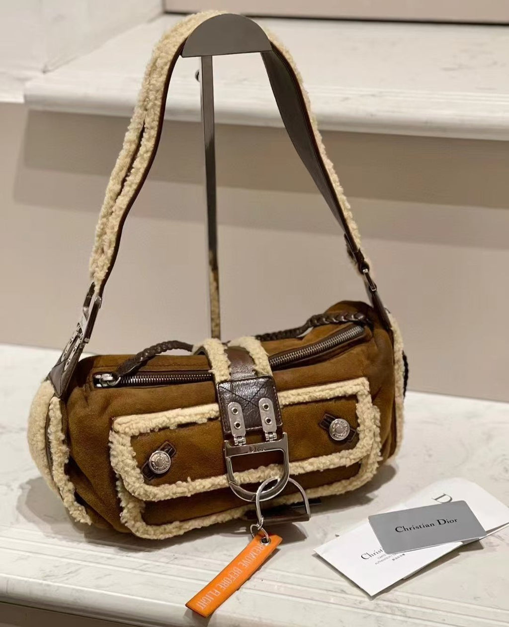 Dior Flight Medium Shoulder Bag Tan Brown Shearling