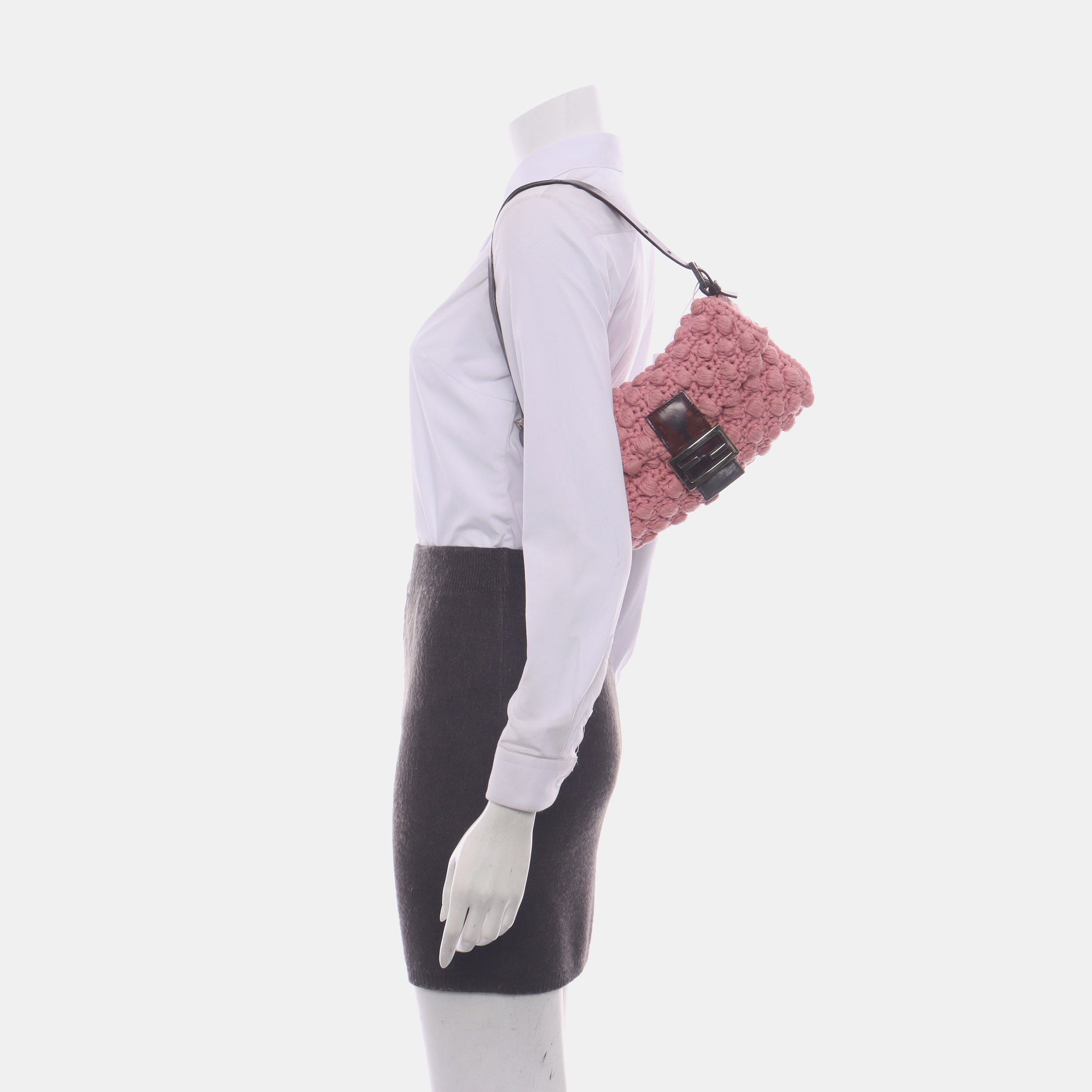 Fendi Baguette Bag Pink Crochet Knit Wool Pompom Shoulder Bag