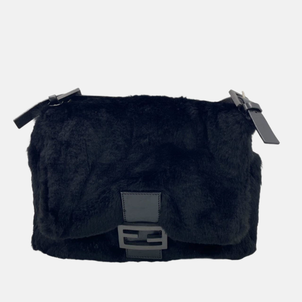 Fendi Mamma Baguette Black Faux Fur Shoulder Bag