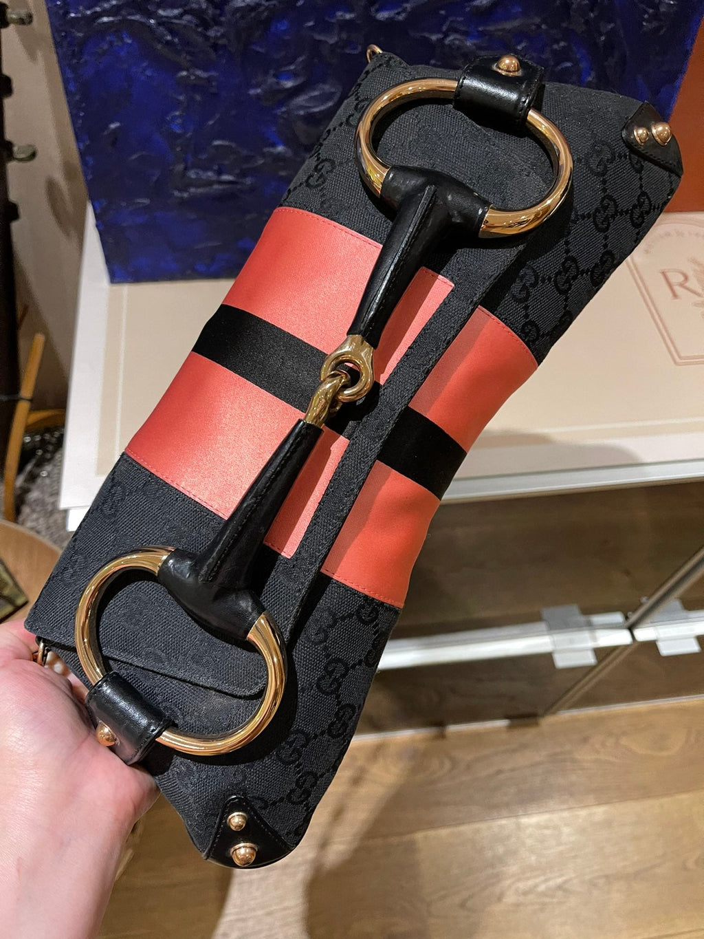 Gucci Horsebit 1955 Chain Large Shoulder Bag Black Monogram with Pink Silk