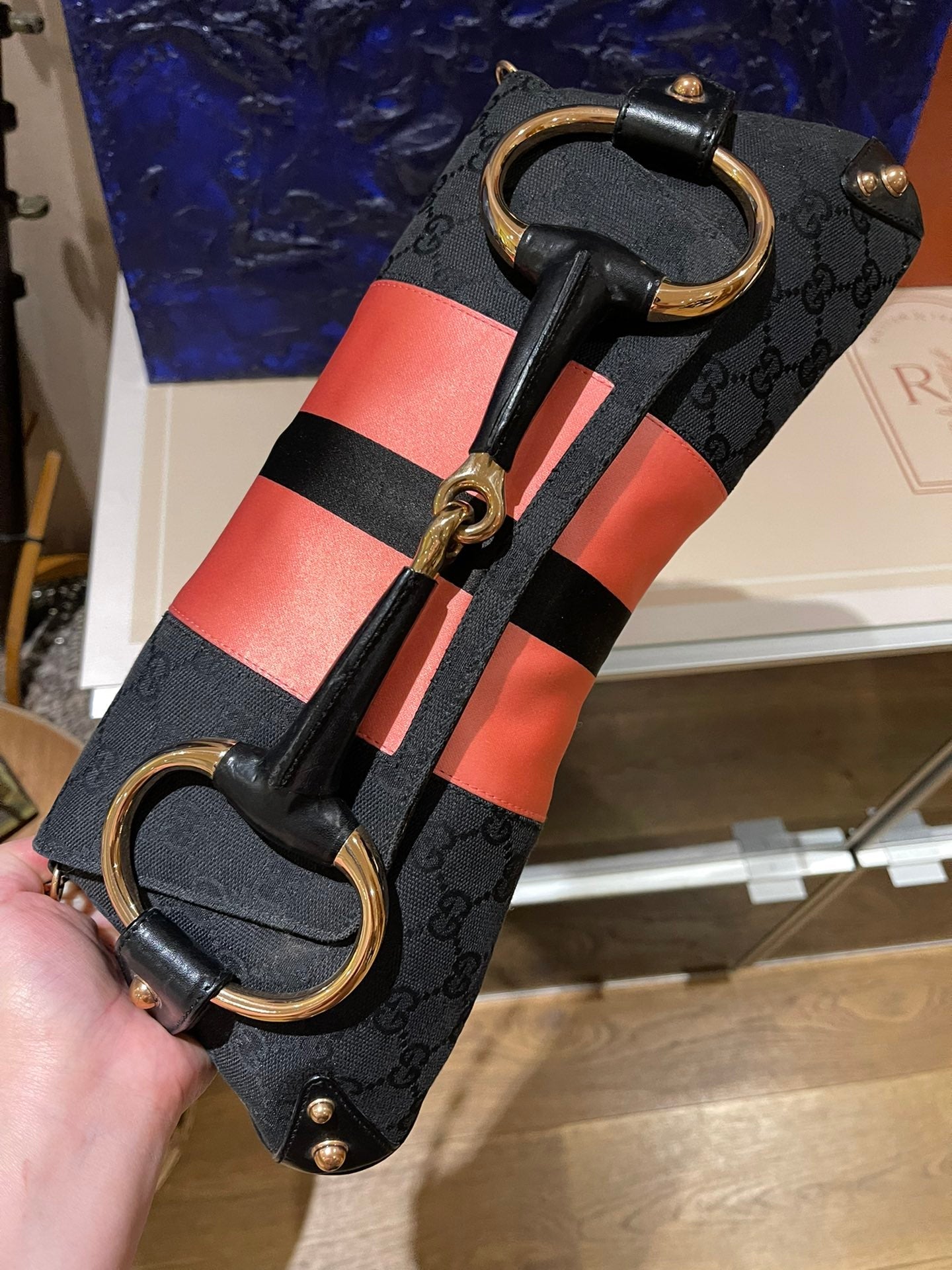 Gucci Horsebit 1955 Chain Large Shoulder Bag Black Monogram with Pink Silk