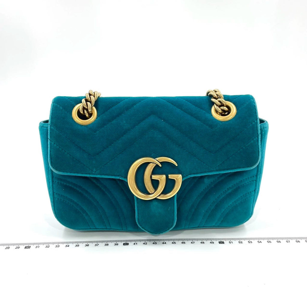 Gucci Marmont Small Flap Turquoise Blue Velvet Handbag