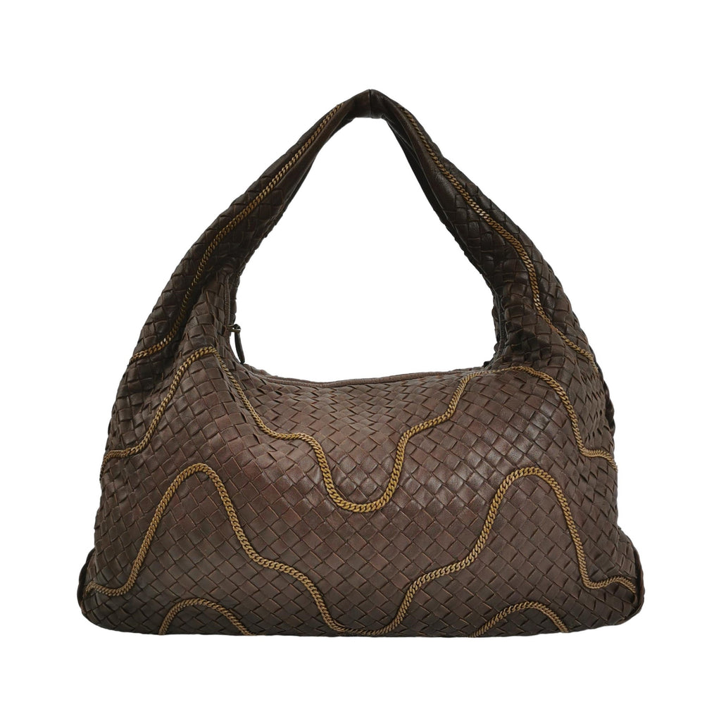 Bottega Veneta Veneta Hobo Intrecciato Dark Brown Leather Zipper Chain Embellished 45cm