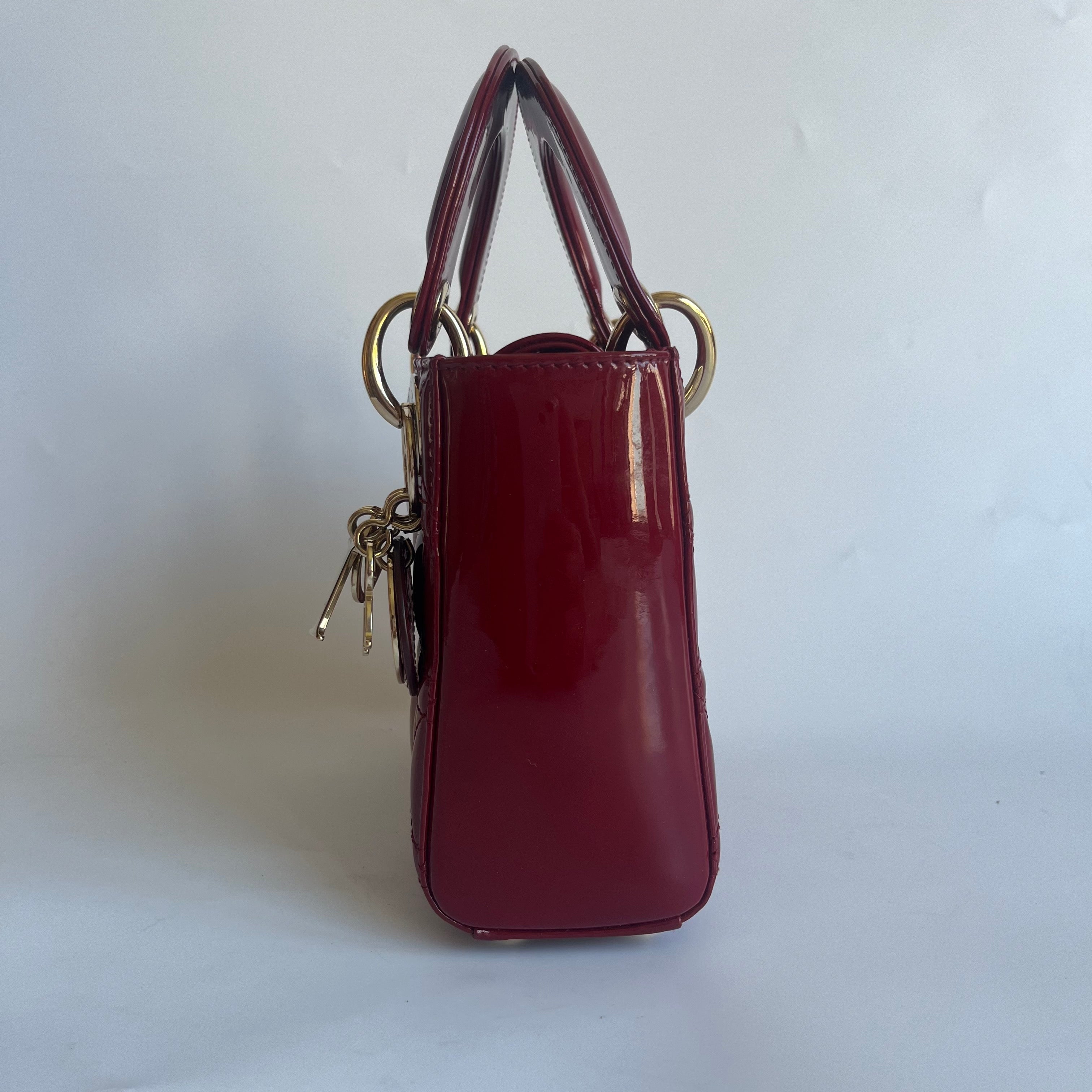 Lady Dior Mini Handbag Burgundy Red Patent Leather Gold-tone Chain Strap 2016