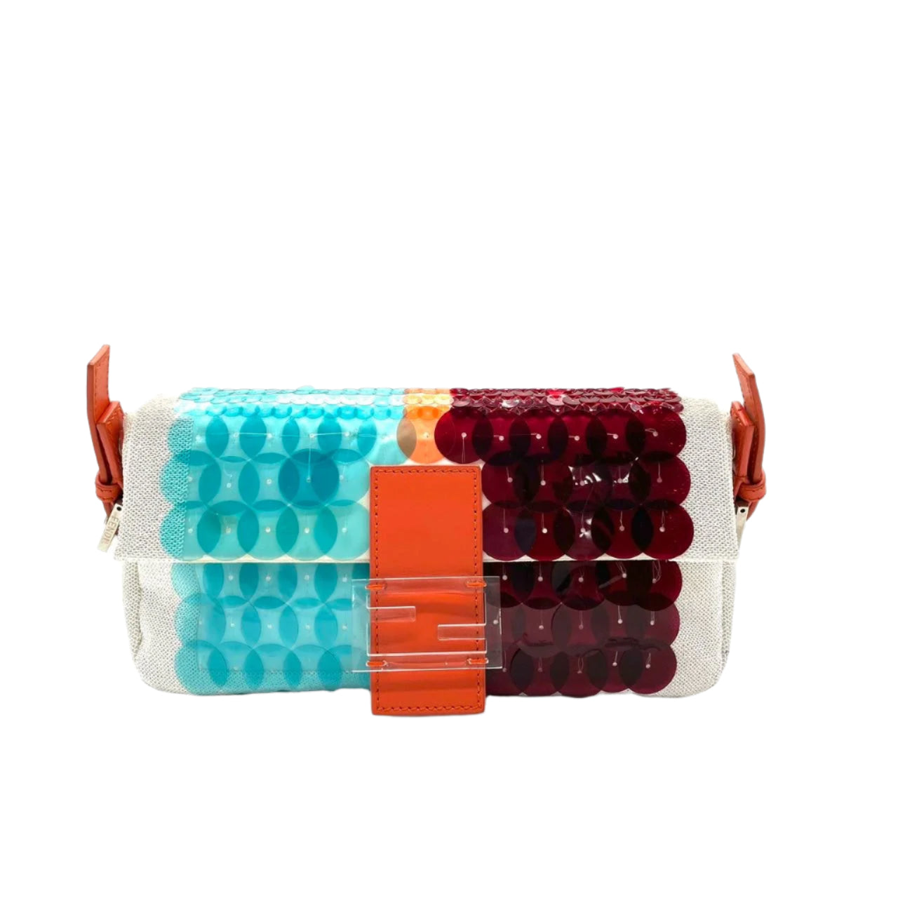 Fendi Baguette 1997 White Blue Red Sequins Orange Satin Lining Shoulder Bag