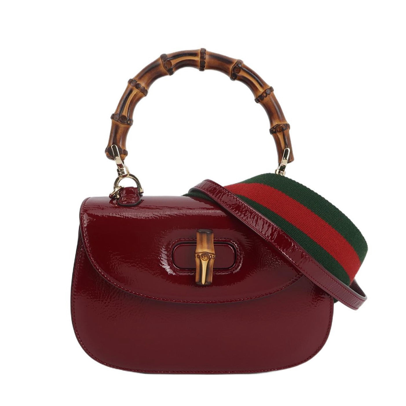 Gucci Bamboo 1947 Small Ancora Red Burgundy Patent Leather Top Handle Bag