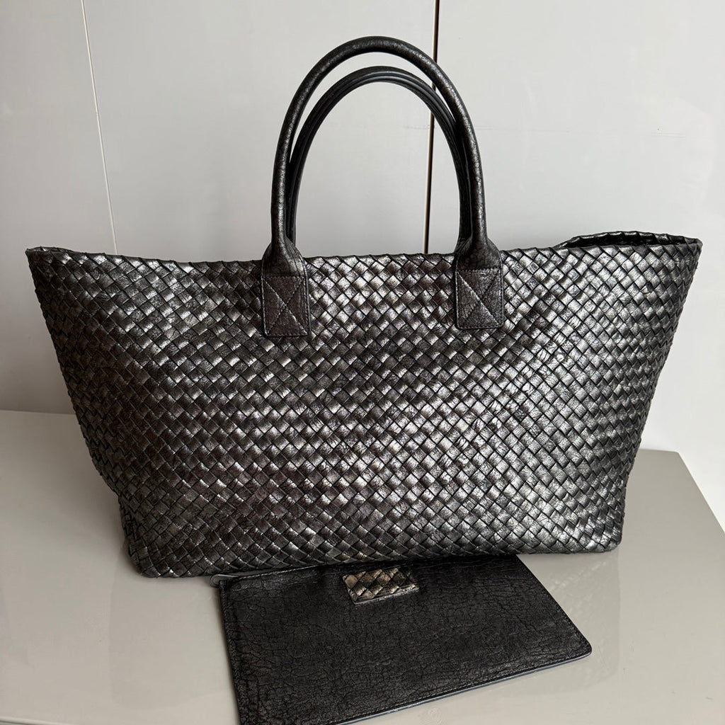 Bottega Veneta Cabat Maxi Intreccio Leather Tote Bag Metallic 50cm