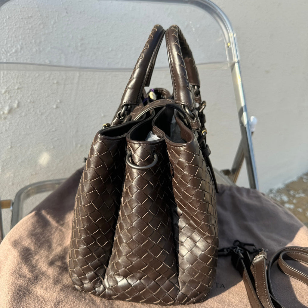Bottega Veneta Roma Handbag Bag Intrecciato Nappa Leather Chocolate Brown Small 30cm