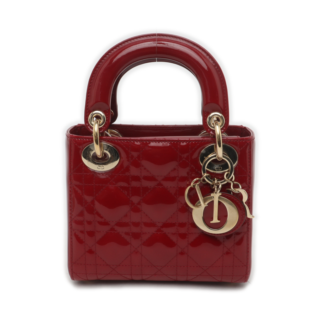 Lady Dior Mini Handbag Burgundy Red Patent Leather Gold-tone Chain Strap