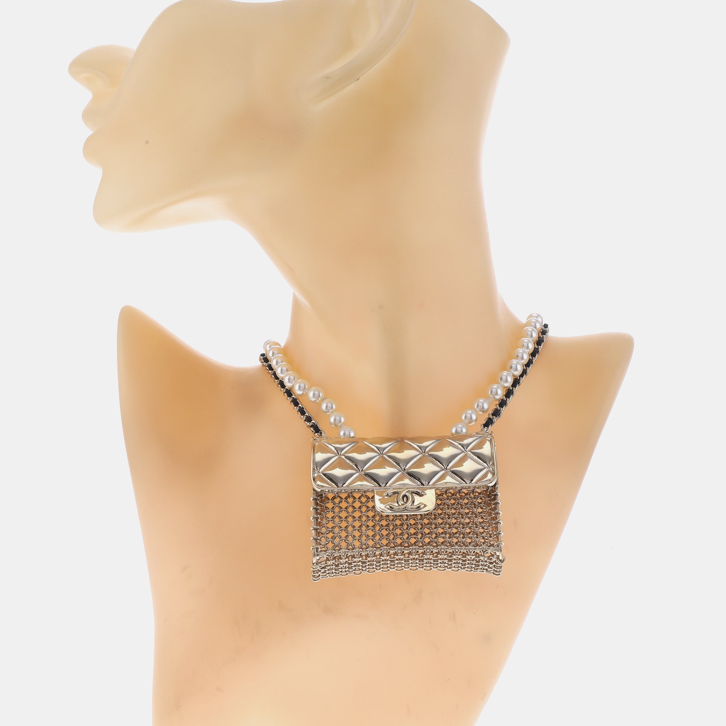 Chanel Micro Flap Bag Charm Chain Long Necklace with Matelasse and Pearl Chain 102cm