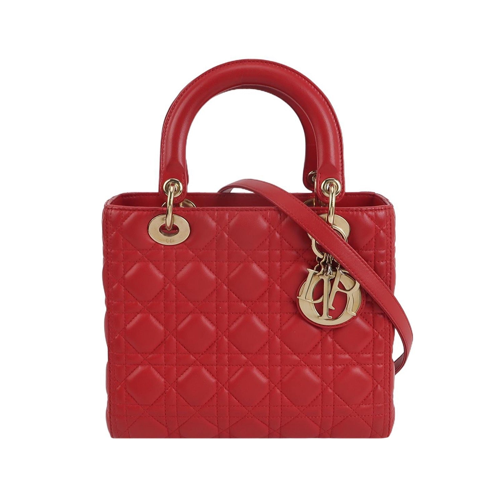Lady Dior Medium Red Lambskin Leather Gold Hardware Leather Strap 2014