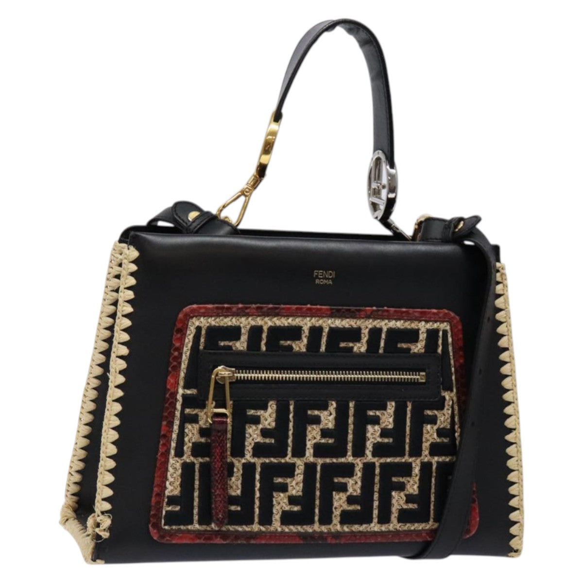 FENDI Hand Bag Leather 2way Black Gold 82745