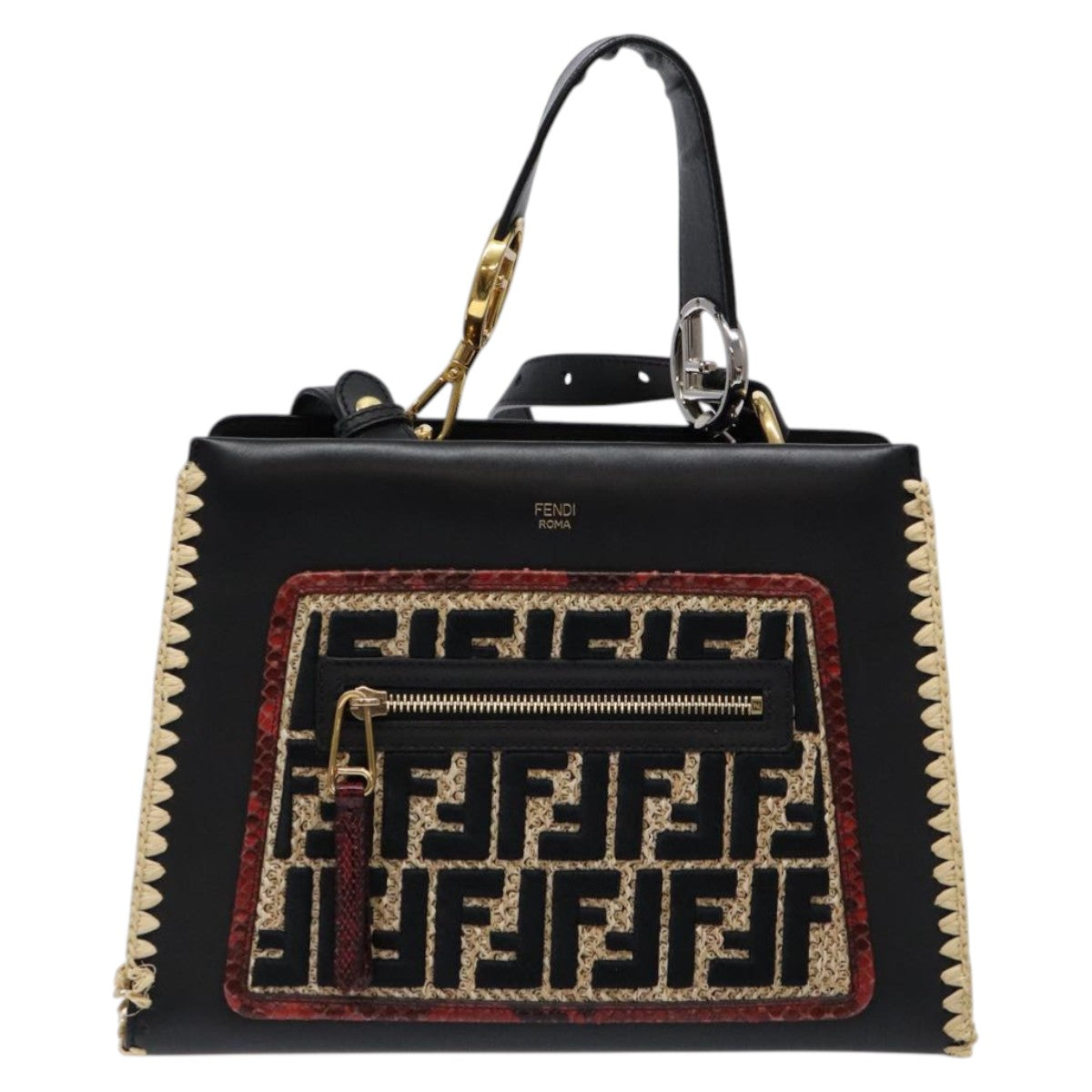 FENDI Hand Bag Leather 2way Black Gold 82745