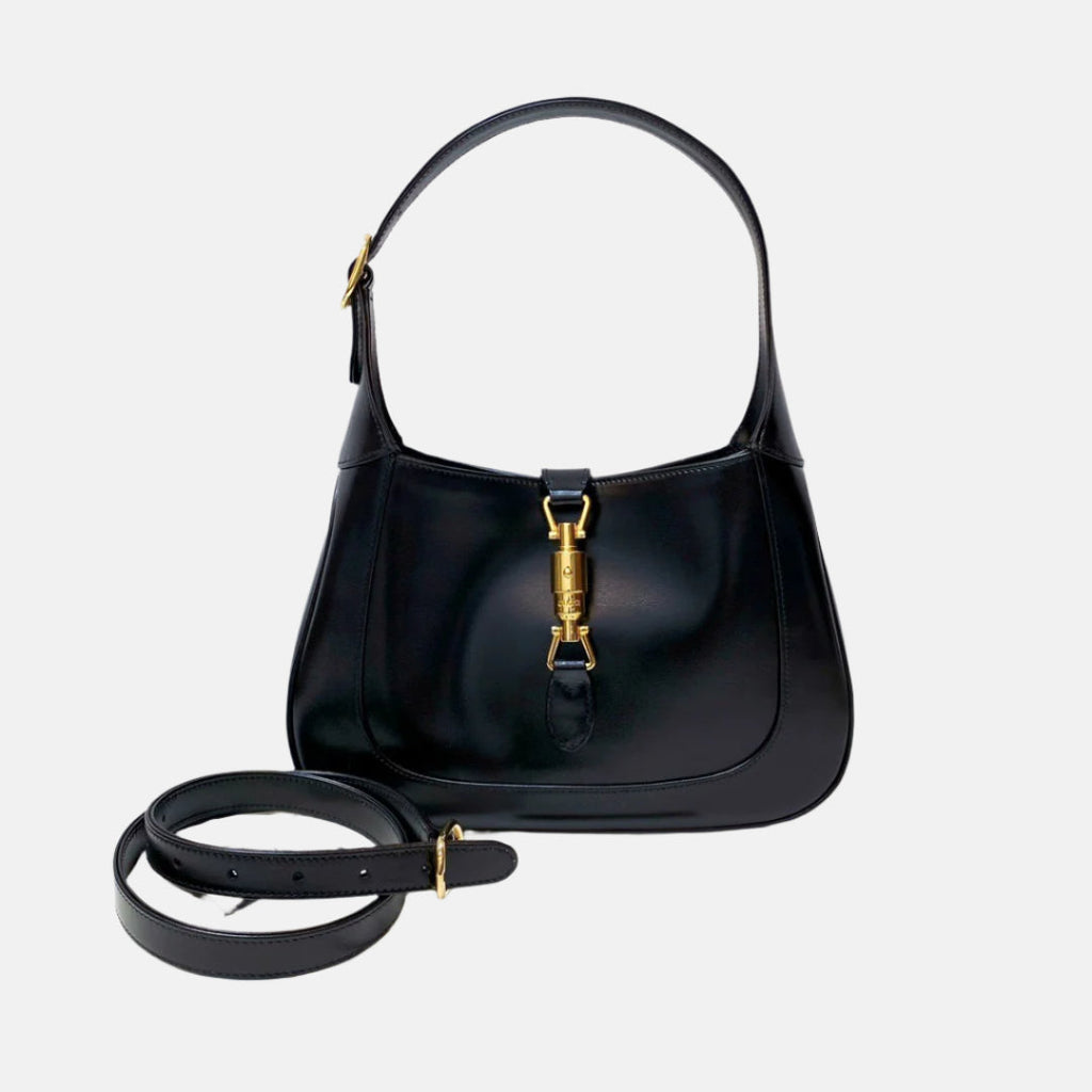 Gucci Jackie 1961 Black Leather Bag Small Piston Lock With Strap