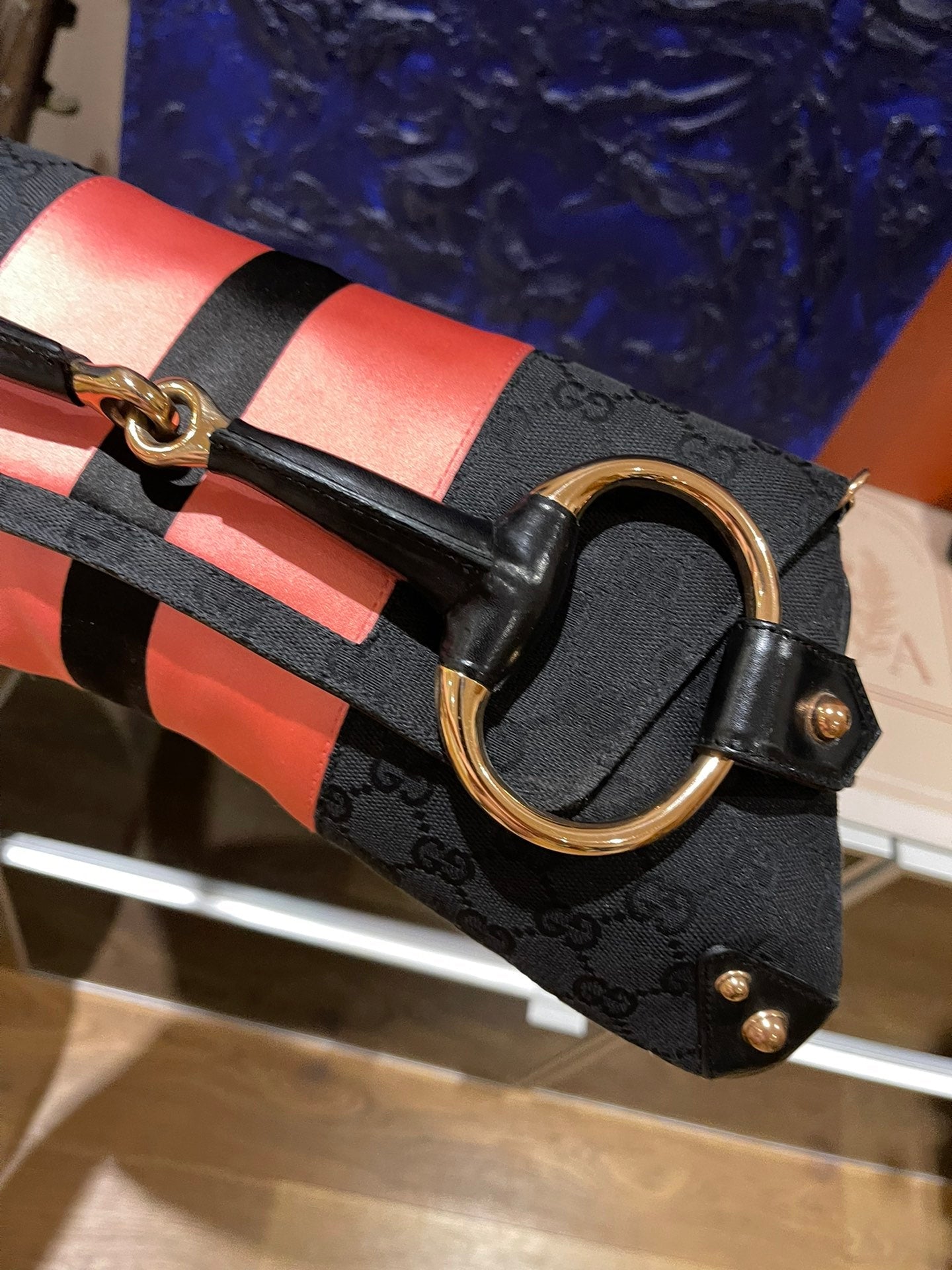 Gucci Horsebit 1955 Chain Large Shoulder Bag Black Monogram with Pink Silk