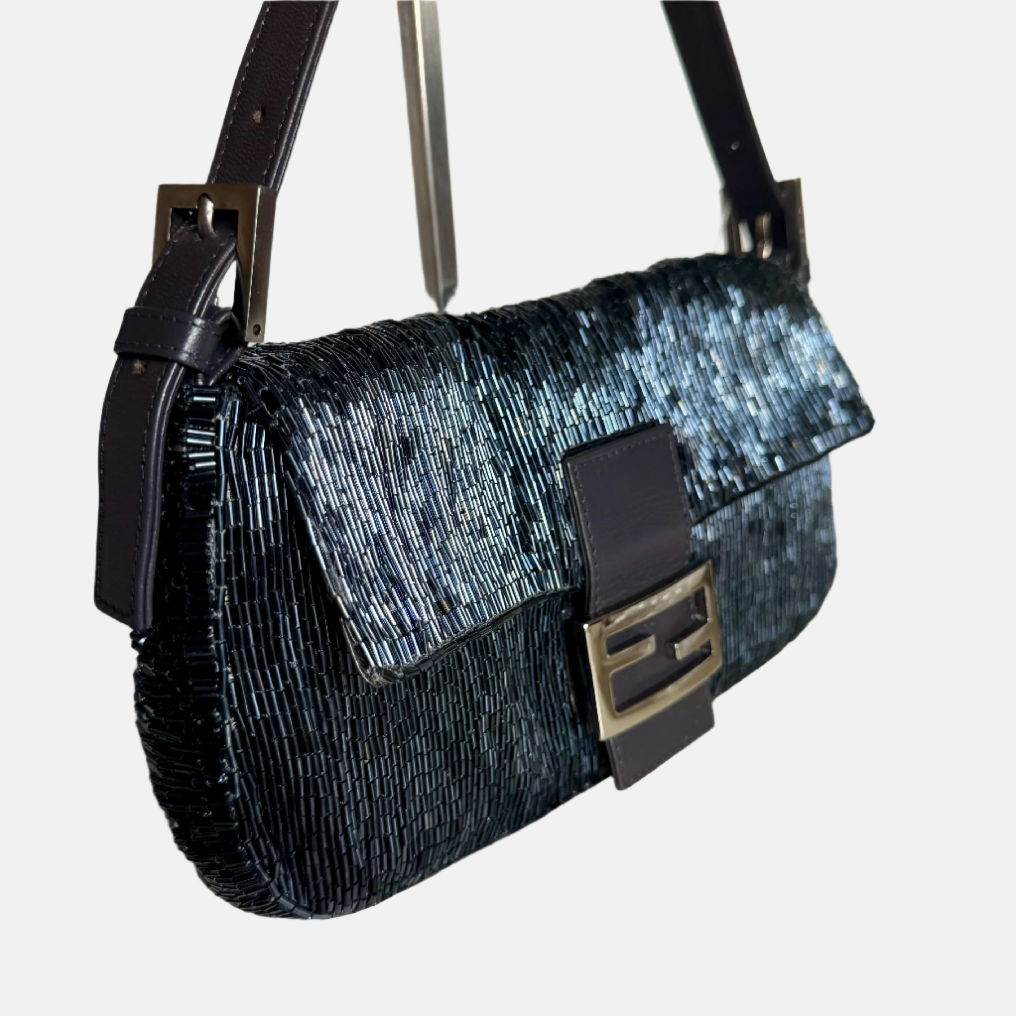 Fendi Baguette Metallic Navy Black Glittering Waterfall Beads Shoulder Bag