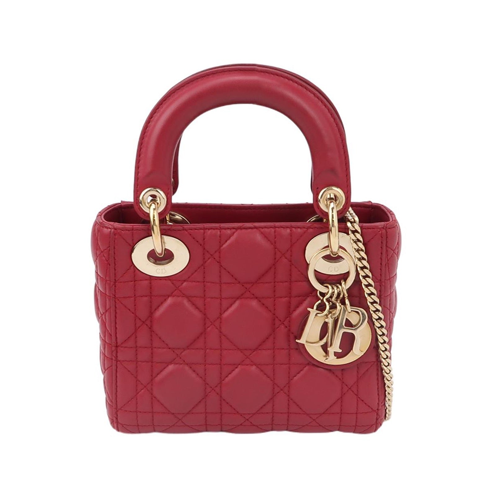 Lady Dior Mini Red Lambskin Leather Gold HW Chain Strap