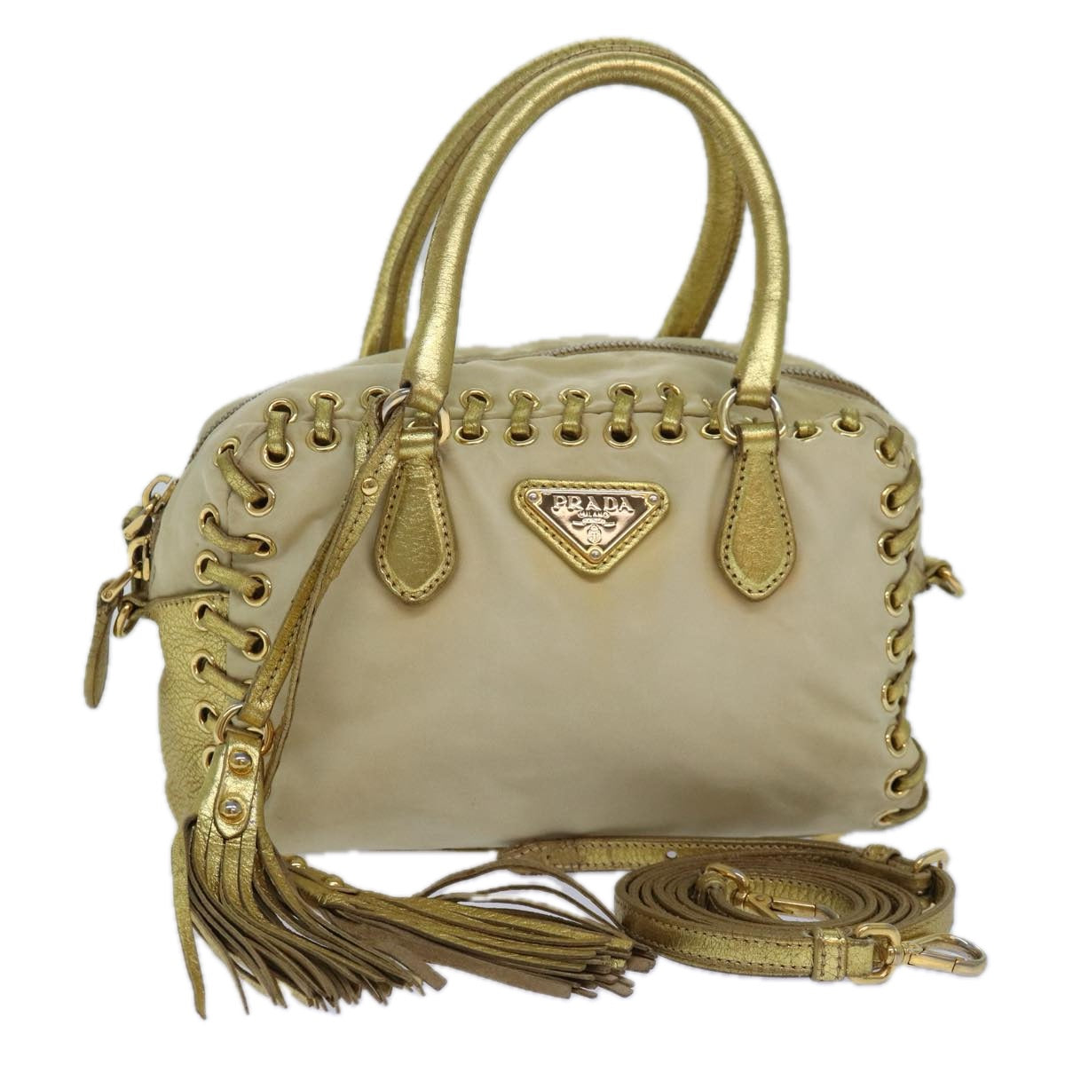 PRADA Hand Bag Nylon 2way Beige Gold 85102