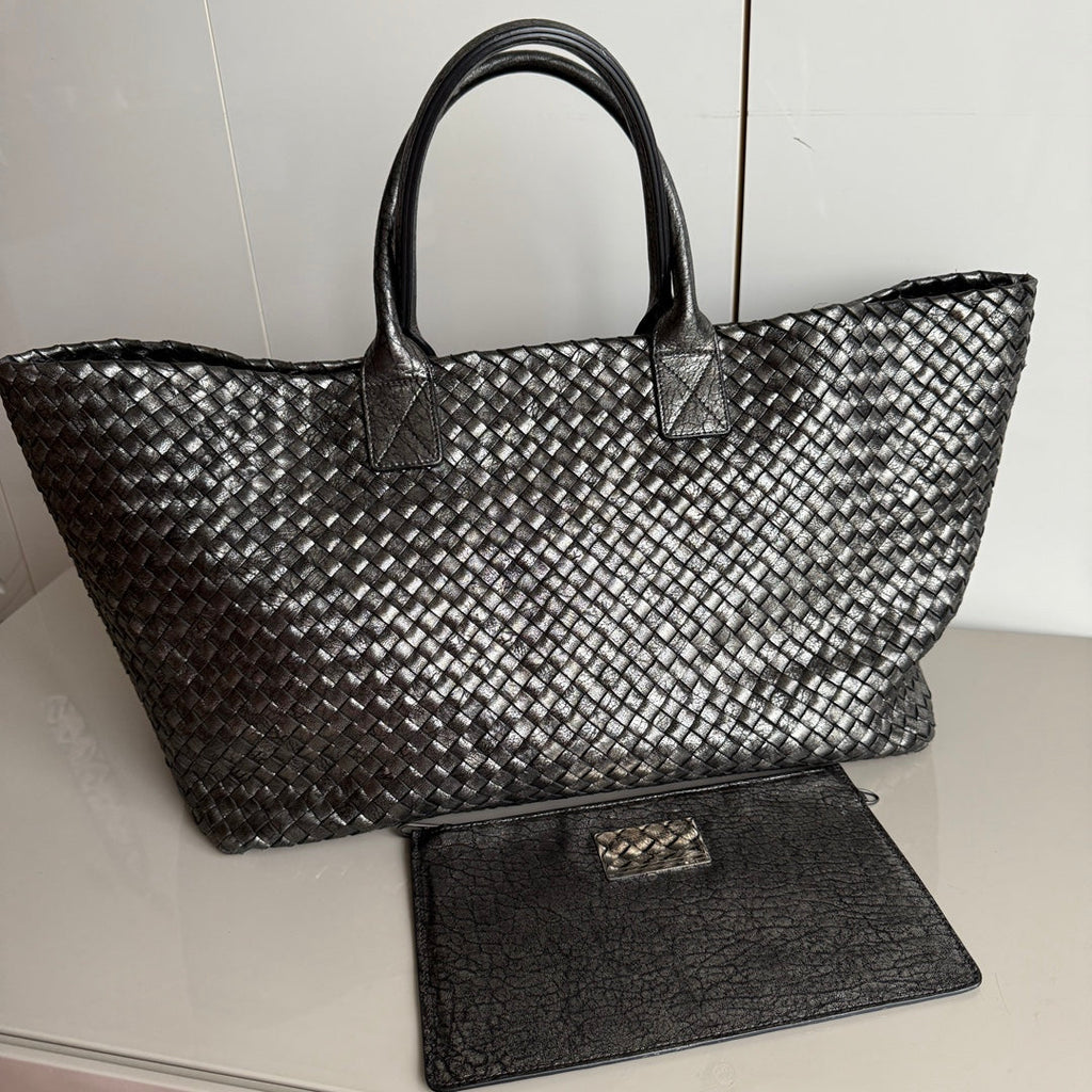 Bottega Veneta Cabat Maxi Intreccio Leather Tote Bag Metallic 50cm
