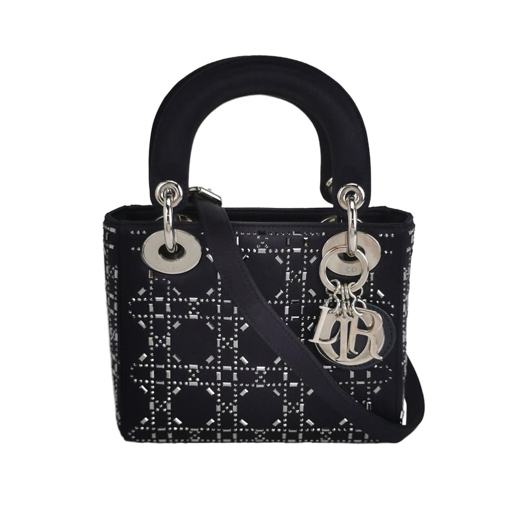 Lady Dior Mini Black Silk with Crystals Silver Hardware