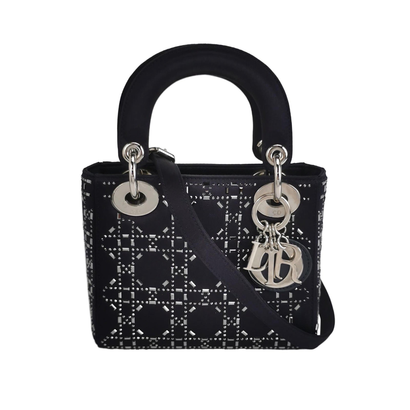 Lady Dior Mini Black Silk with Crystals Silver Hardware