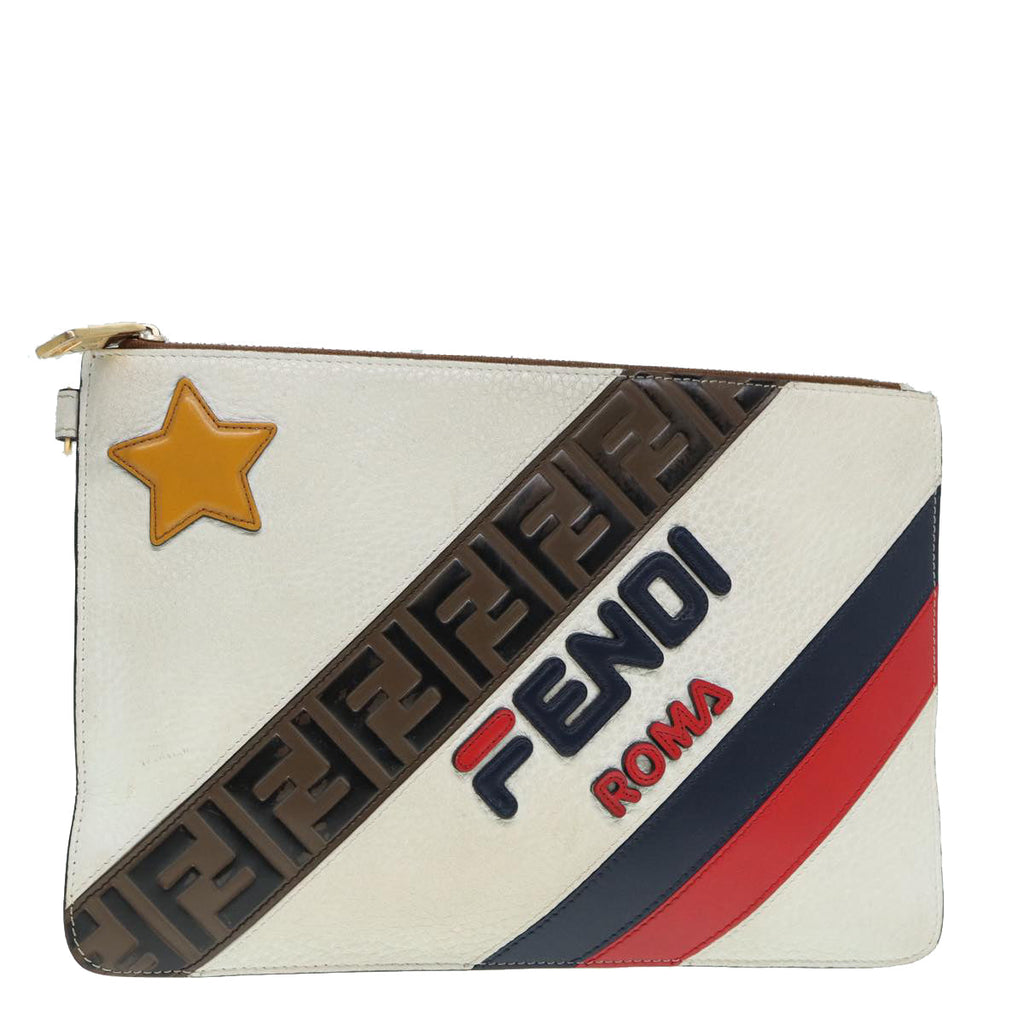 FENDI FILA Collaboration Clutch Bag Leather Beige Gold 87366