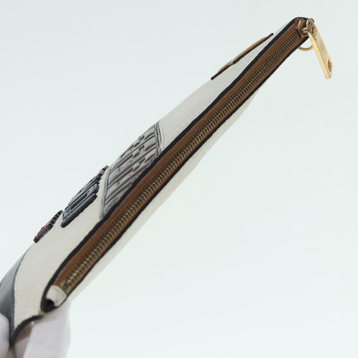 FENDI FILA Collaboration Clutch Bag Leather Beige Gold 87366