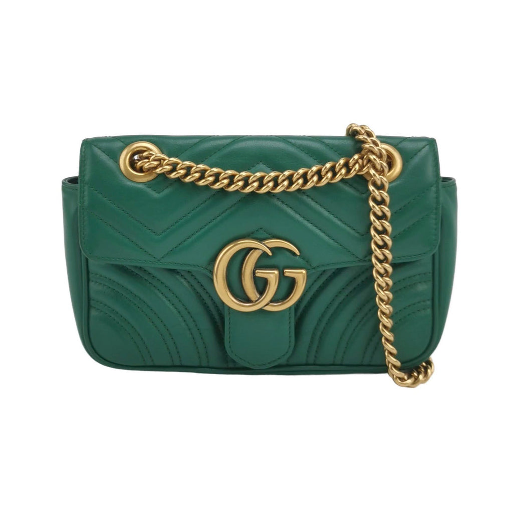 Gucci Marmont Mini Flap Green Calfskin Leather Handbag Gold Hardware