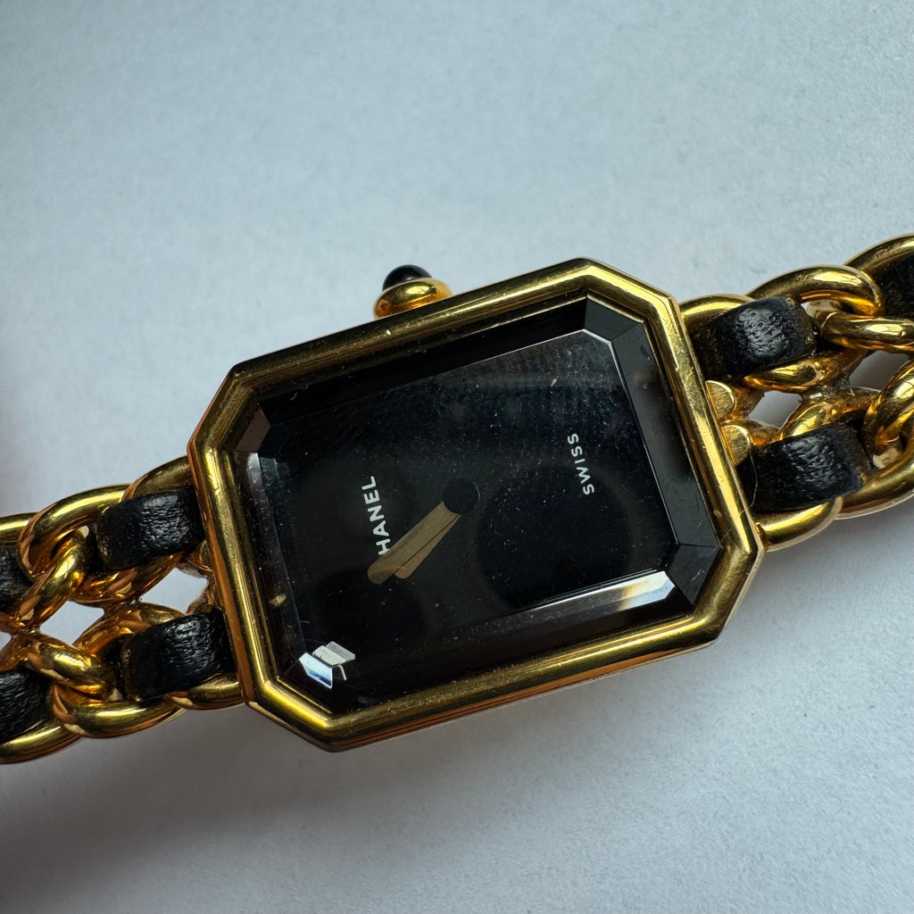 CHANEL 1987 Vintage PREMIERE Watch L Black Leather and 24KT Yellow Gold Plated