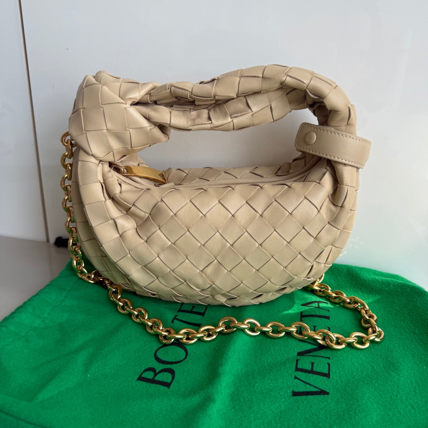 Bottega Veneta Jodie Mini Oats Beige Lambskin Leather Clutch Bag with Chain