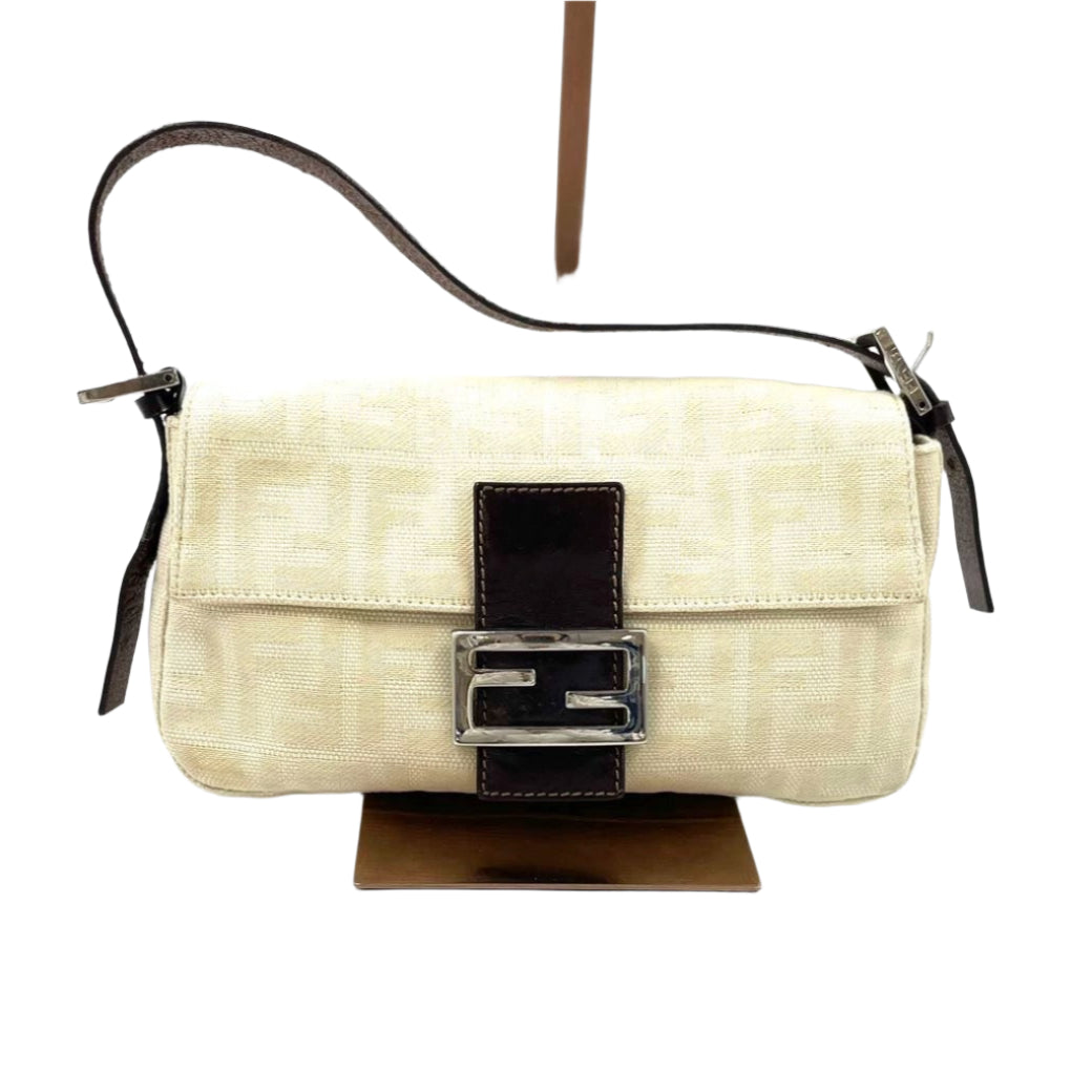 Fendi Baguette Vintage Beige Canvas Zucca Print Shoulder Bag
