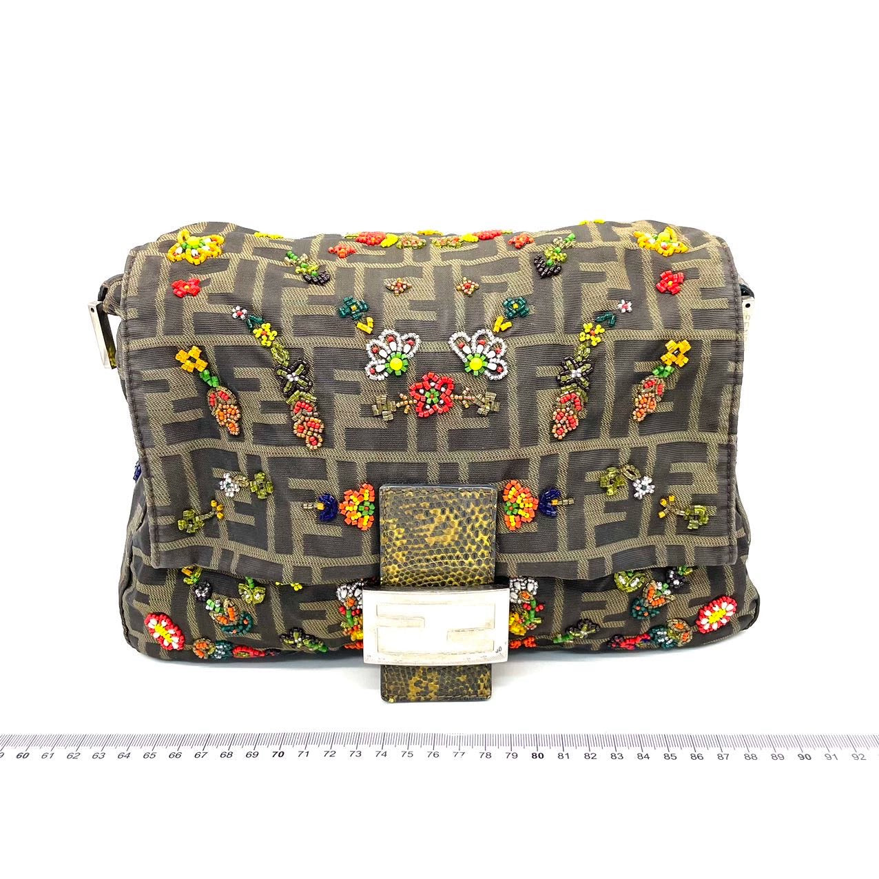 Fendi Mamma Baguette Zucca Monogram Floral Beaded Embroidery Lizard Strap