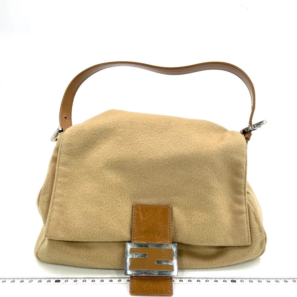 Fendi Mamma Baguette Beige Felt Fabric Silver Hardware Shoulder Bag