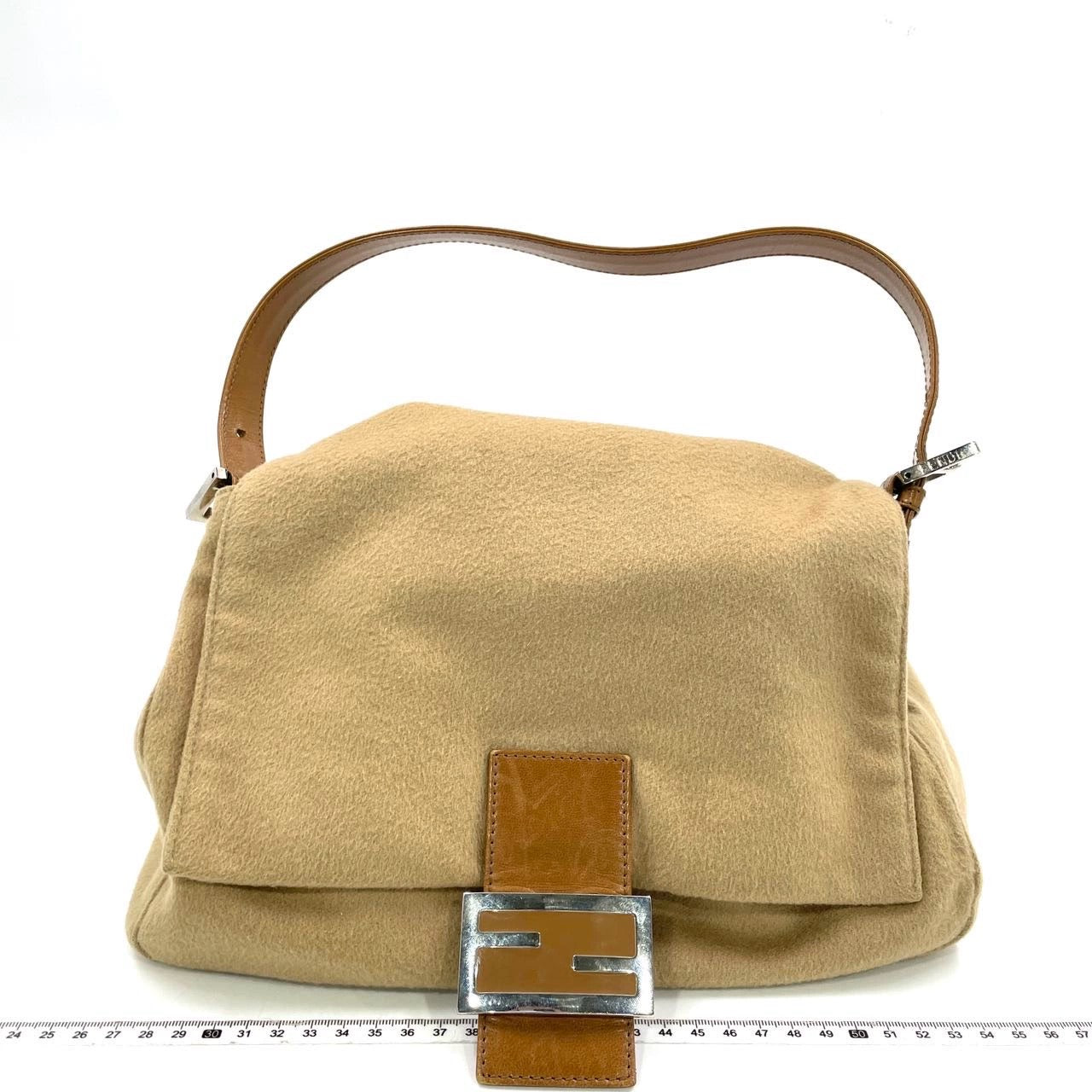 Fendi Mamma Baguette Beige Felt Fabric Silver Hardware Shoulder Bag