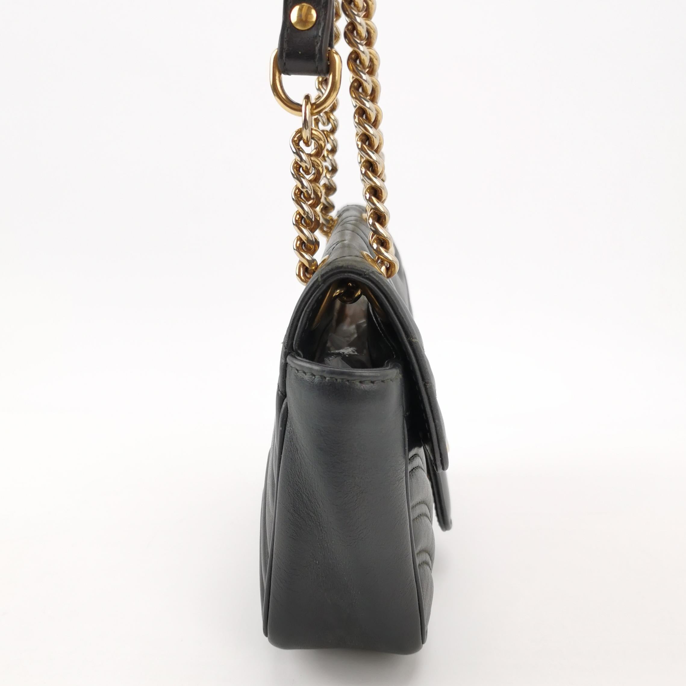 Gucci Marmont Mini Flap Black Calfskin Leather Handbag Gold Hardware