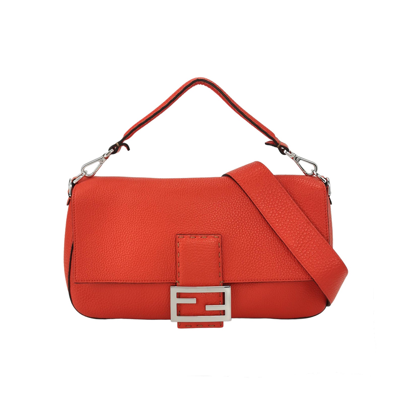 Fendi Baguette Selleria Calfskin Leather Crossbody Bag Large Orange Red