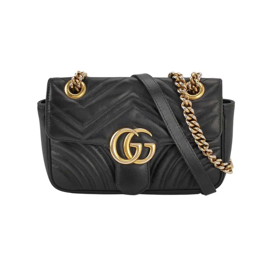 Gucci Marmont Mini Flap Black Calfskin Leather Handbag Gold Hardware