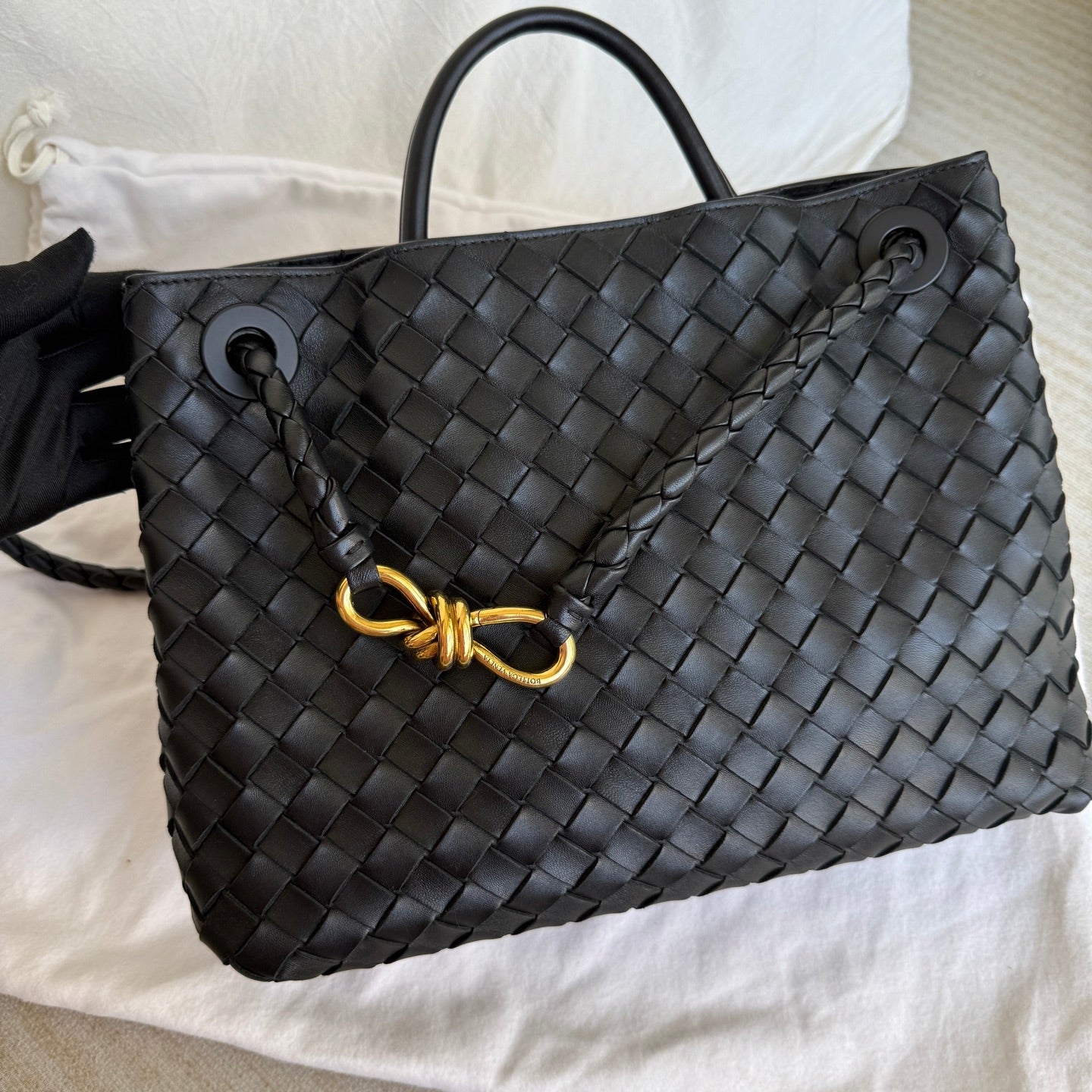 Bottega Veneta Andiamo Medium Black Intrecciato Leather Handbag