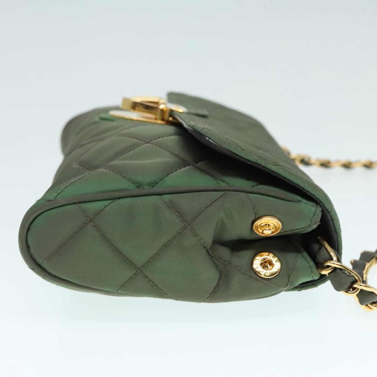 PRADA Chain Quilted Shoulder Bag Nylon Khaki Gold 90227