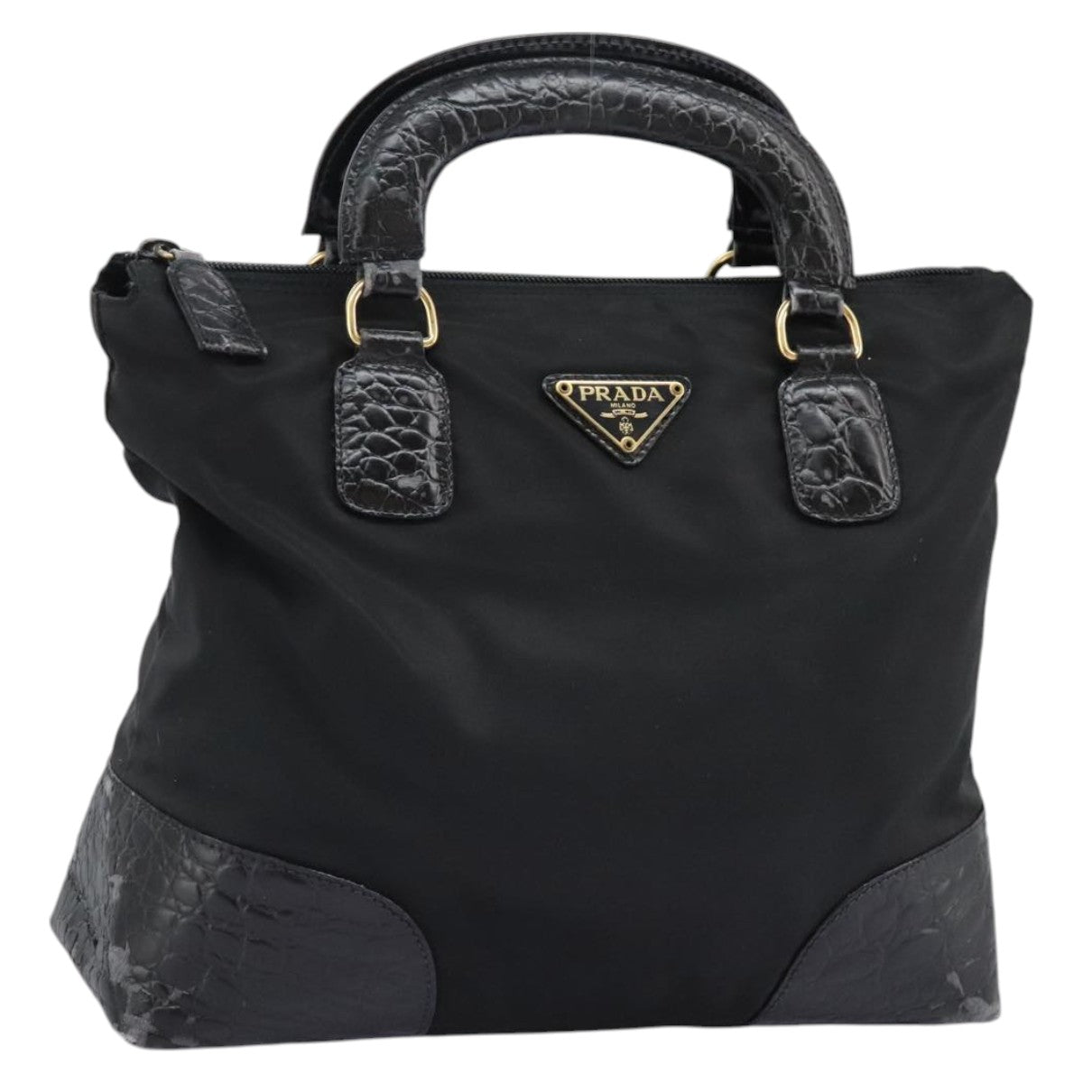 PRADA Hand Bag Nylon Black Gold 90383